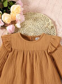 SHEIN Cô Gái Trẻ Thanh lịch Hai lớp Gai Chất vải Ruffle Cắt tỉa Nhàu nát Tay áo dài Áo sơ mi Đối với Mùa thu - màu nâu - Xem 5