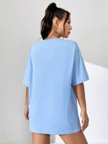 SHEIN EZwear Áo phông Quá khổ mặt trời & Đồ họa Chữ cái Thả vai - Màu xanh nhạt - Xem 2