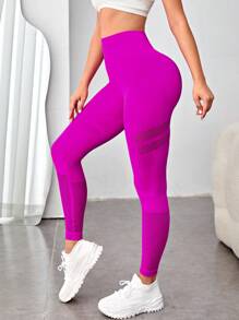 鏤空寬腰帶運動打底褲 - 玫紅色 - 查看 3