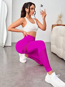 鏤空寬腰帶運動打底褲 - 玫紅色 - 查看 4