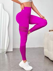 鏤空寬腰帶運動打底褲 - 玫紅色 - 查看 6