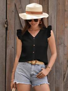 SHEIN Clasi 素色荷葉邊前紐扣襯衫 - 黑色 - 查看 1