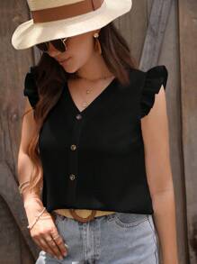 SHEIN Clasi 素色荷葉邊前紐扣襯衫 - 黑色 - 查看 3