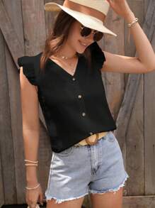 SHEIN Clasi 素色荷葉邊前紐扣襯衫 - 黑色 - 查看 4