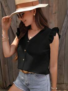 SHEIN Clasi 素色荷葉邊前紐扣襯衫 - 黑色 - 查看 5