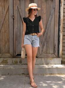 SHEIN Clasi 素色荷葉邊前紐扣襯衫 - 黑色 - 查看 6