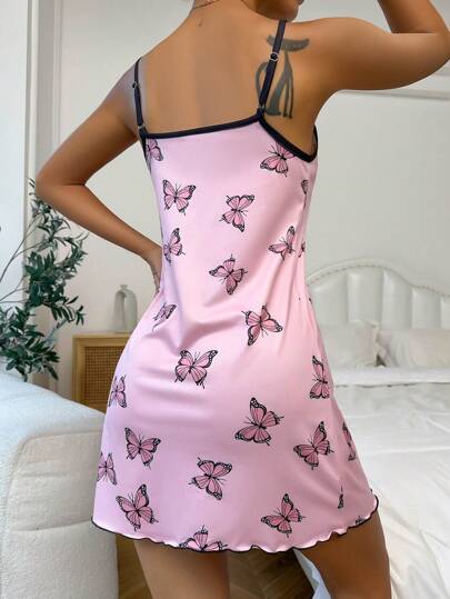 Butterfly Print Contrast Binding Lettuce Cami Pajama Nightdress view 2