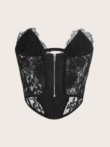 SHEIN ICON 蕾絲拼接短款抹胸上衣 - 黑色 - 查看 2