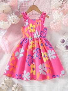 SHEIN Young Girl Floral Print Frill Trim Dress - Hot Pink - View 1