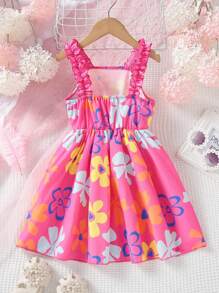 SHEIN Young Girl Floral Print Frill Trim Dress - Hot Pink - View 2