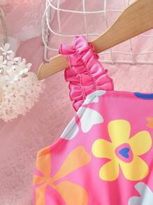 SHEIN Young Girl Floral Print Frill Trim Dress - Hot Pink - View 3