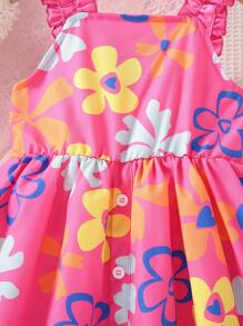 SHEIN Young Girl Floral Print Frill Trim Dress - Hot Pink - View 6