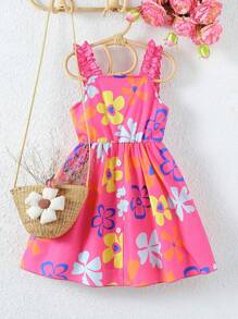SHEIN Young Girl Floral Print Frill Trim Dress - Hot Pink - View 7