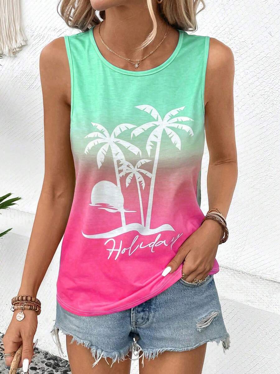 SHEIN LUNE Coconut Tree & Letter Graphic Tank Top - Multicolor - View 1