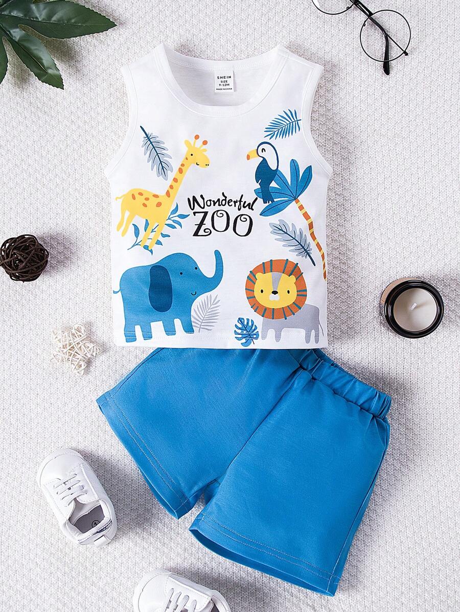SHEIN Playful Pals Baby Boy Cartoon & Letter Graphic Tank Top & Shorts
