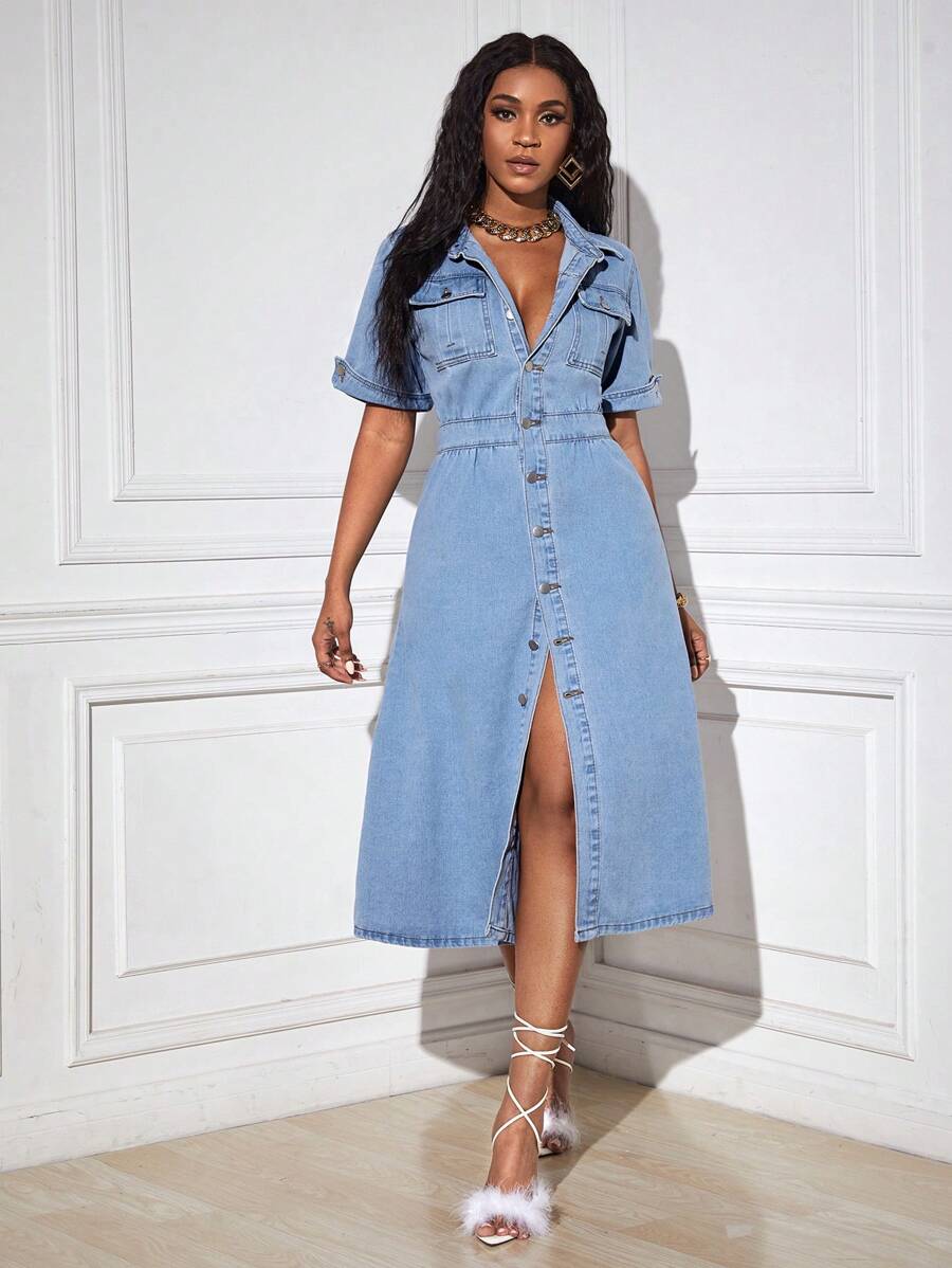 SHEIN SXY Túi có nắp Nút phía trước Đầm Denim - Rửa nhẹ - Xem 1