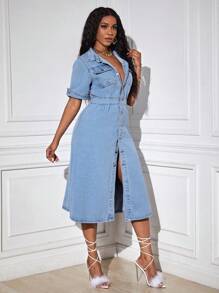 SHEIN SXY Túi có nắp Nút phía trước Đầm Denim - Rửa nhẹ - Xem 5