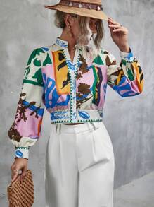 Aveloria Rosie Graphic Print Notched Neckline Lantern Sleeve Blouse Button Up Shirt Women ,Long Sleeve Tops Fall Cloth For Women