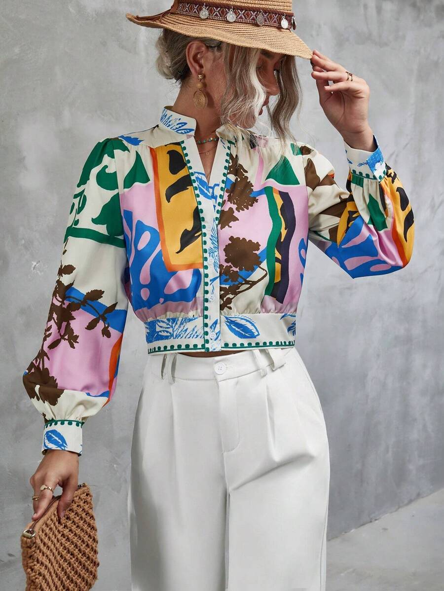 Aveloria Rosie Graphic Print Notched Neckline Lantern Sleeve Blouse Button Up Shirt Women ,Long Sleeve Tops Fall Cloth For Women