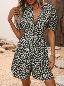 SHEIN VCAY 滿版印花泡泡袖襯衫連體短褲 - 黑色 - 查看 3