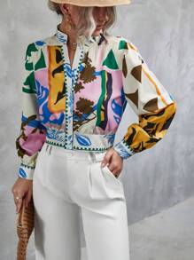 Aveloria Rosie Graphic Print Notched Neckline Lantern Sleeve Blouse Button Up Shirt Women ,Long Sleeve Tops Fall Cloth For Women