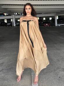 SHEIN SXY 帶扣細節抹胸連體褲 - 卡其色 - 查看 3