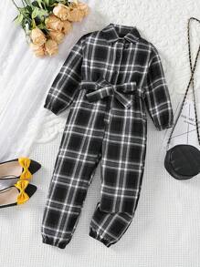 SHEIN Young Girl Casual Plaid Jumpsuit Matched With Belt For Autumn - Black and White - View 5