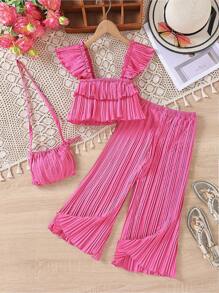 SHEIN 女小童荷葉邊吊帶上衣和闊腿褲和包