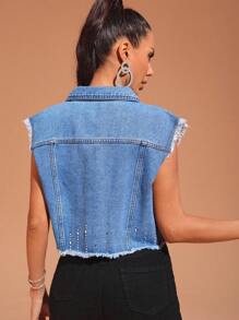 SHEIN BAE 毛邊緣翻蓋細節馬甲牛仔夾克 - 中等水洗藍 - 查看 3