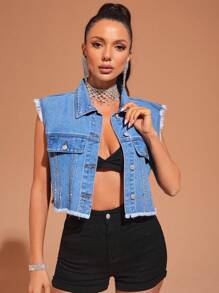 SHEIN BAE 毛邊緣翻蓋細節馬甲牛仔夾克 - 中等水洗藍 - 查看 1