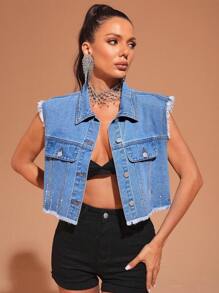 SHEIN BAE 毛邊緣翻蓋細節馬甲牛仔夾克 - 中等水洗藍 - 查看 5