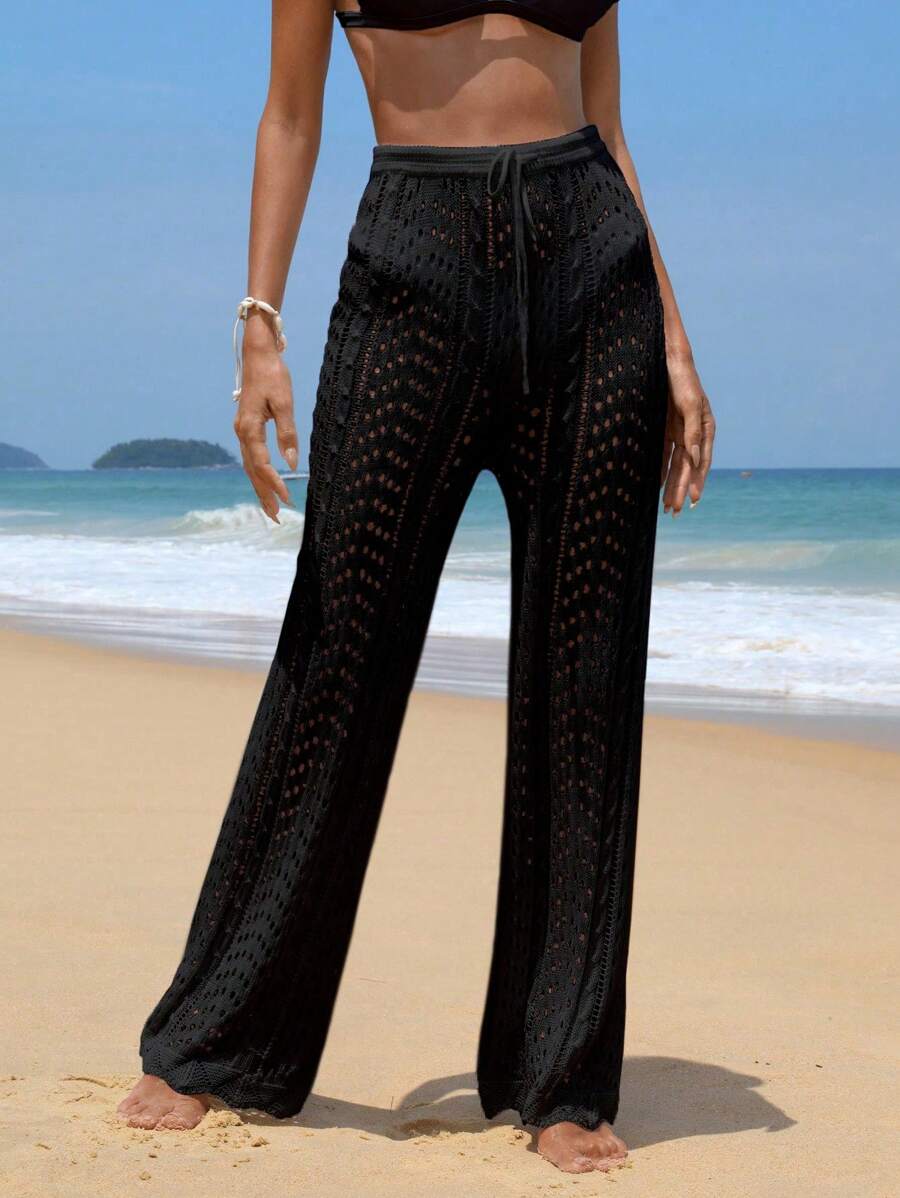 SHEIN Swim 鏤空腰部抽繩罩衫長褲 - 黑色 - 查看 1