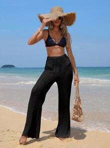 SHEIN Swim 鏤空腰部抽繩罩衫長褲 - 黑色 - 查看 3