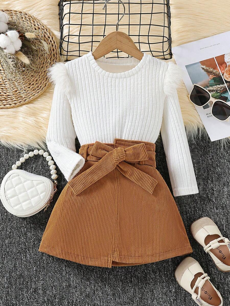 SHEIN 女小童2入組/套休閒毛茸茸肩膀針織上衣帶腰帶不對稱燈芯絨半身裙適用於秋天 - 彩色 - 查看 1