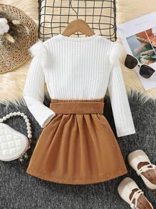 SHEIN 女小童2入組/套休閒毛茸茸肩膀針織上衣帶腰帶不對稱燈芯絨半身裙適用於秋天 - 彩色 - 查看 2