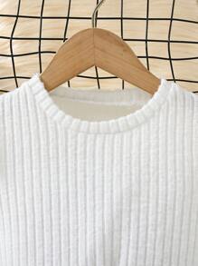 SHEIN 女小童2入組/套休閒毛茸茸肩膀針織上衣帶腰帶不對稱燈芯絨半身裙適用於秋天 - 彩色 - 查看 4