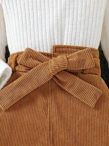 SHEIN 女小童2入組/套休閒毛茸茸肩膀針織上衣帶腰帶不對稱燈芯絨半身裙適用於秋天 - 彩色 - 查看 6