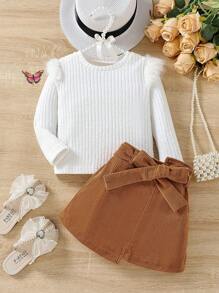 SHEIN 女小童2入組/套休閒毛茸茸肩膀針織上衣帶腰帶不對稱燈芯絨半身裙適用於秋天 - 彩色 - 查看 7