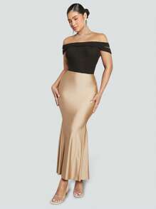 SHEIN SXY 素色魚尾裙下擺緞面半身裙 - 杏色 - 查看 5