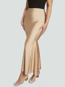 SHEIN SXY 素色魚尾裙下擺緞面半身裙 - 杏色 - 查看 6