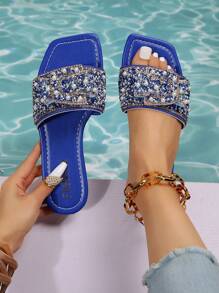 女士水鑽裝飾涼拖,魅力四射夏天平底涼鞋 - 藍色 - 查看 1