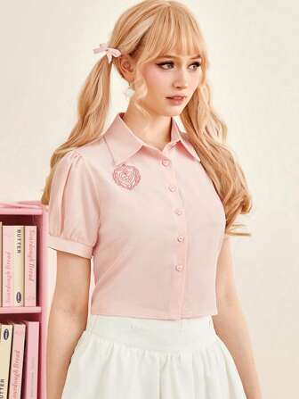J-Fashion Camisa con bordado de corazón de manga farol