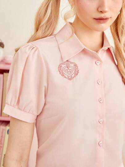 J-Fashion Camisa con bordado de corazón de manga farol