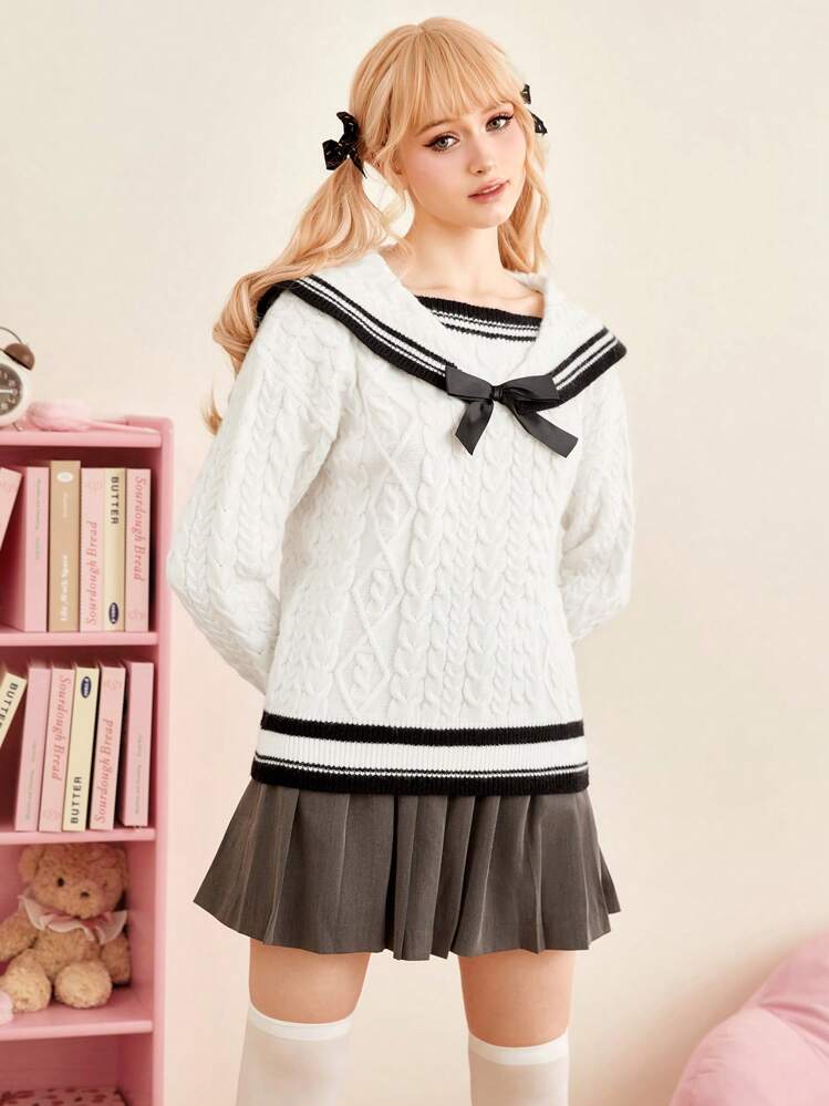 ROMWE J-Fashion セーラーカラー ストライプトリム ケーブルニット