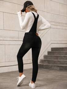 SHEIN Frenchy Slant Pocket Denim Dungarees Without Top - Black - View 2
