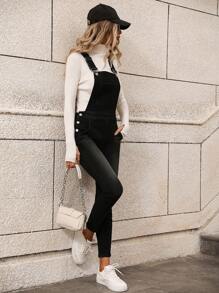 SHEIN Frenchy Slant Pocket Denim Dungarees Without Top - Black - View 6
