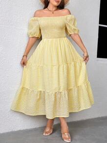 SHEIN LUNE Plus Đầm Maxi trễ vai viền bèo nhún cho nữ - Màu vàng - Xem 3