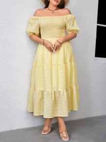 SHEIN LUNE Plus Đầm Maxi trễ vai viền bèo nhún cho nữ - Màu vàng - Xem 7