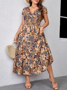 SHEIN Clasi 加大佩斯利印花荷叶边下摆长款女装连衣裙 - 彩色 - 查看 3