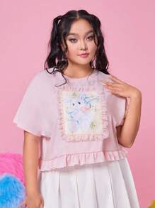 ROMWE Kawaii Hơn Đồ họa con thỏ Viền Ruffle Áo thun - Màu Hồng baby - Xem 1